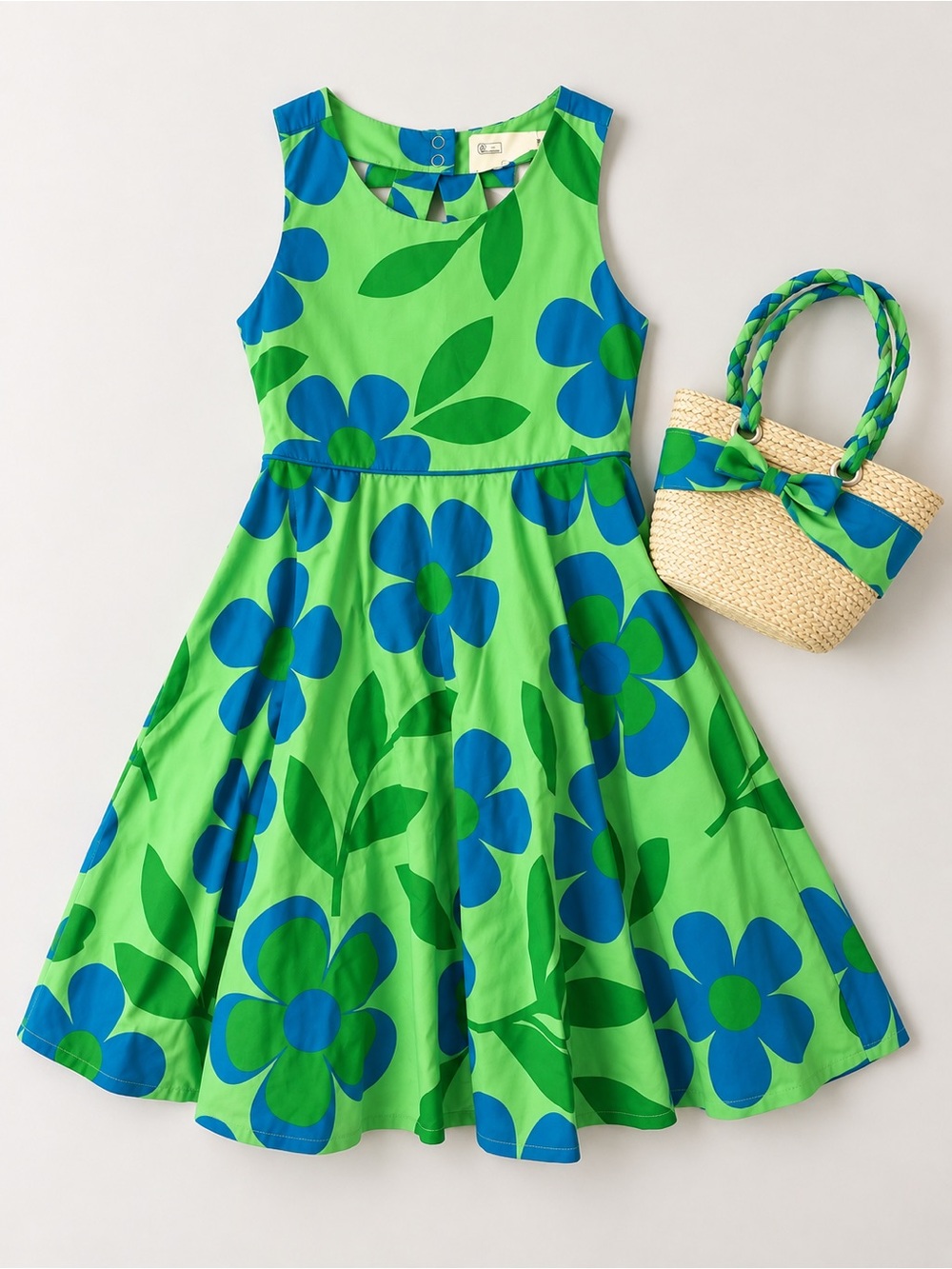 Cynthia Rowley Girls' Green & Blue Floral Dress with Straw Basket Purse